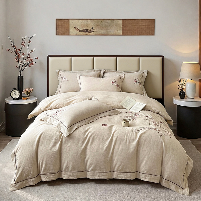 91家纺网 家纺一手货源 找家纺 树下 2026新款A类棉麻刺绣床单款四件套 花间絮语