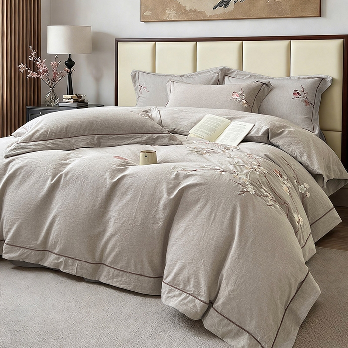 91家纺网 家纺一手货源 找家纺 树下 2026新款A类棉麻刺绣床单款四件套 墨染清枝