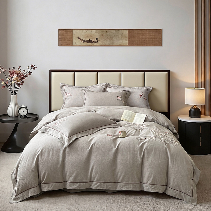 91家纺网 家纺一手货源 找家纺 树下 2026新款A类棉麻刺绣床单款四件套 墨染清枝