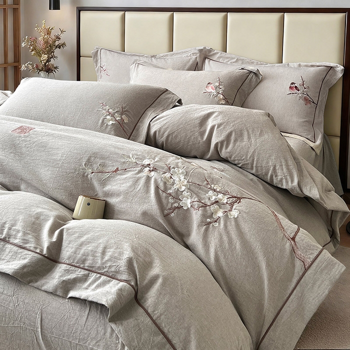 91家纺网 家纺一手货源 找家纺 树下 2026新款A类棉麻刺绣床单款四件套 墨染清枝