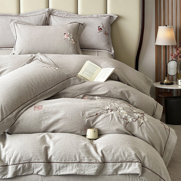 91家纺网 家纺一手货源 找家纺 树下 2026新款A类棉麻刺绣床单款四件套 墨染清枝