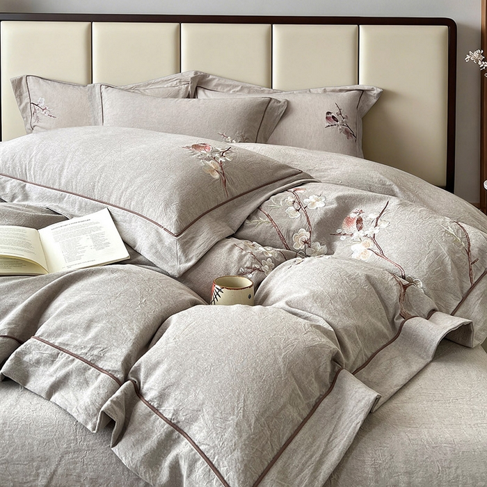 树下 2026新款A类棉麻刺绣床单款四件套 墨染清枝