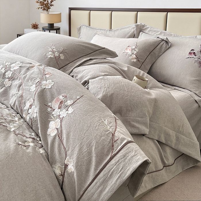 91家纺网 家纺一手货源 找家纺 树下 2026新款A类棉麻刺绣床单款四件套 墨染清枝