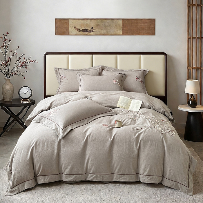 91家纺网 家纺一手货源 找家纺 树下 2026新款A类棉麻刺绣床单款四件套 墨染清枝