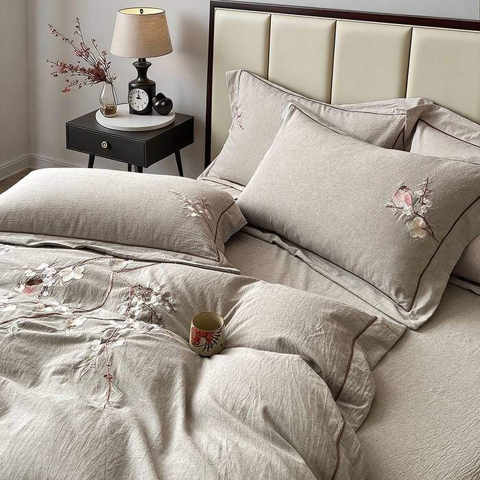 91家纺网 家纺一手货源 找家纺 树下 2026新款A类棉麻刺绣床单款四件套 墨染清枝