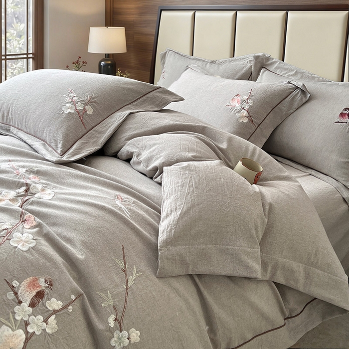 91家纺网 家纺一手货源 找家纺 树下 2026新款A类棉麻刺绣床单款四件套 墨染清枝