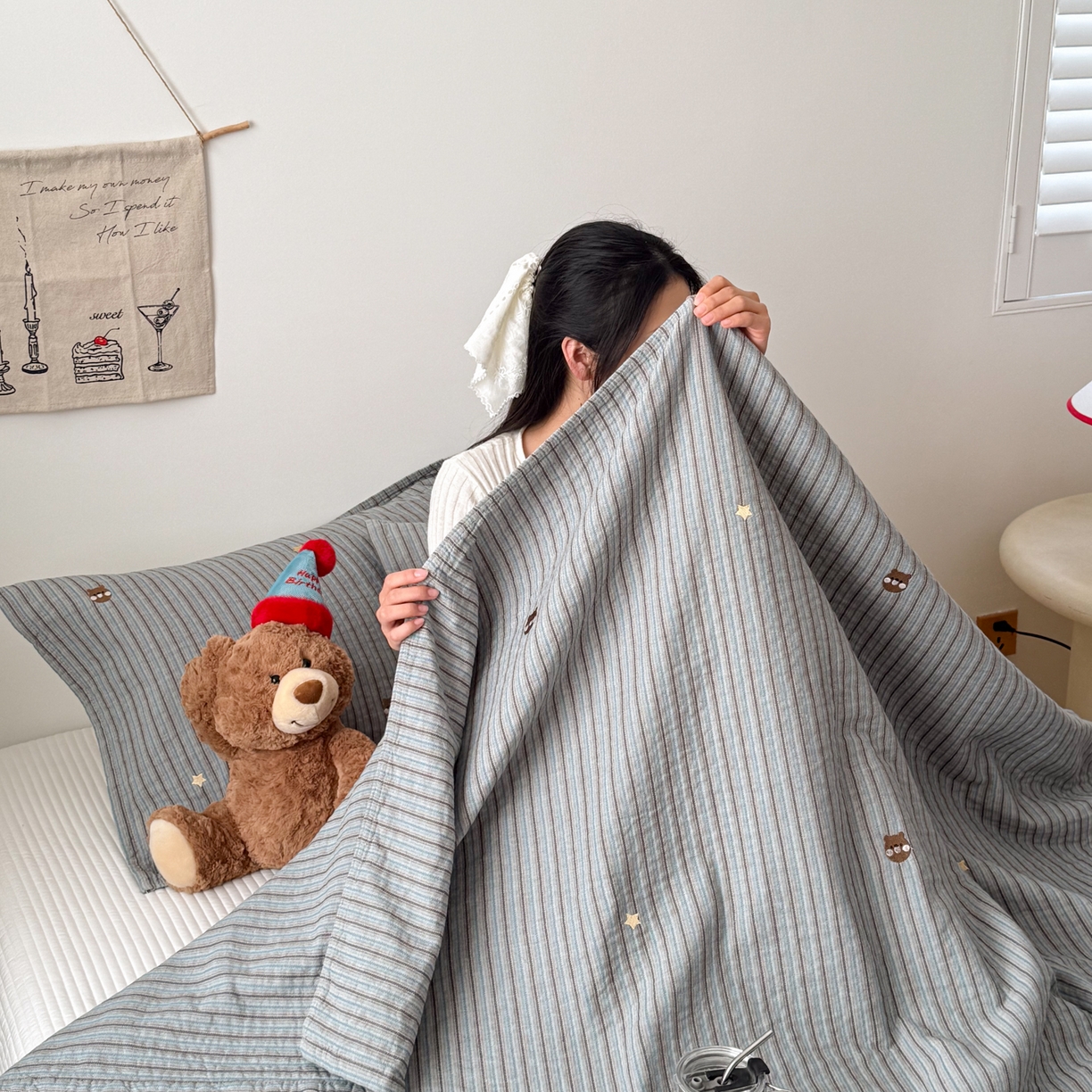 91家纺网 家纺一手货源 找家纺 沐瑟家纺 2026春夏新款全棉纯棉四季款纱布床盖三件套-麦兜系列 麦兜-蓝色