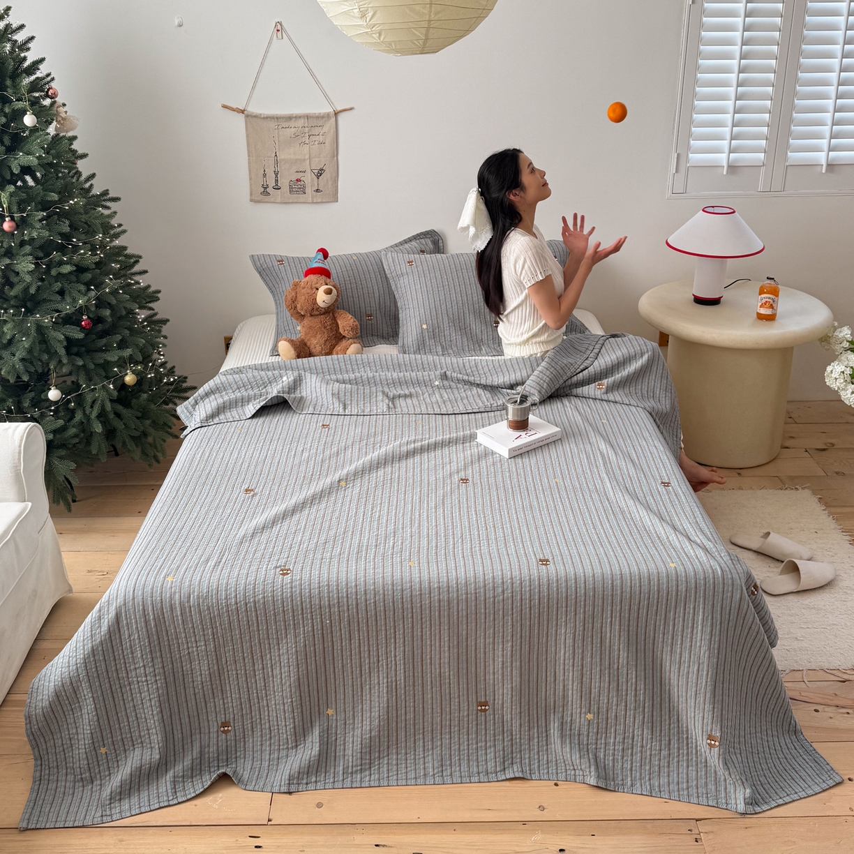 沐瑟家纺 2026春夏新款全棉纯棉四季款纱布床盖三件套-麦兜系列 麦兜-蓝色