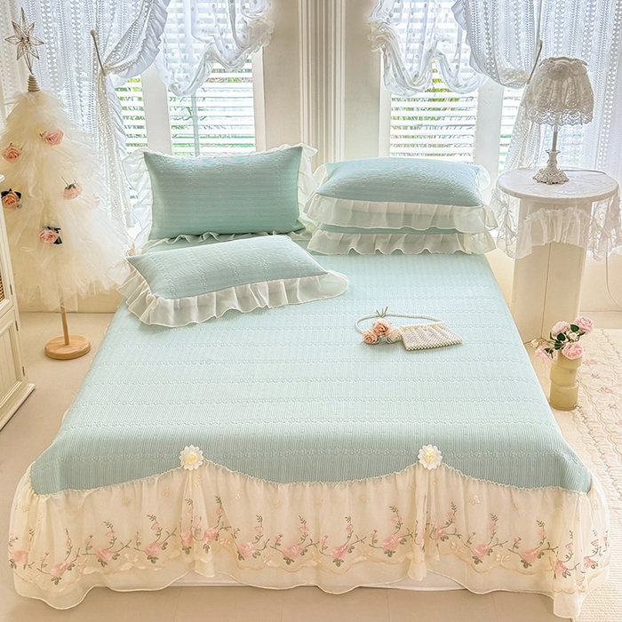 91家纺网 家纺一手货源 找家纺 苏米娜家纺SUMINA 2026新款PE高分子弯边工艺床裙款凉席三件套-可心 可心-清新绿