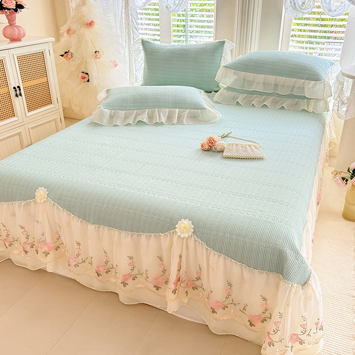 91家纺网 家纺一手货源 找家纺 苏米娜家纺SUMINA 2026新款PE高分子弯边工艺床裙款凉席三件套-可心 可心-清新绿