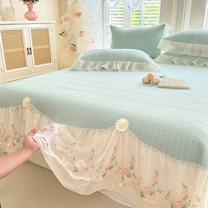 91家纺网 家纺一手货源 找家纺 苏米娜家纺SUMINA 2026新款PE高分子弯边工艺床裙款凉席三件套-可心 可心-清新绿