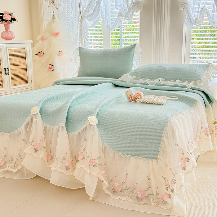 91家纺网 家纺一手货源 找家纺 苏米娜家纺SUMINA 2026新款PE高分子弯边工艺床裙款凉席三件套-可心 可心-清新绿