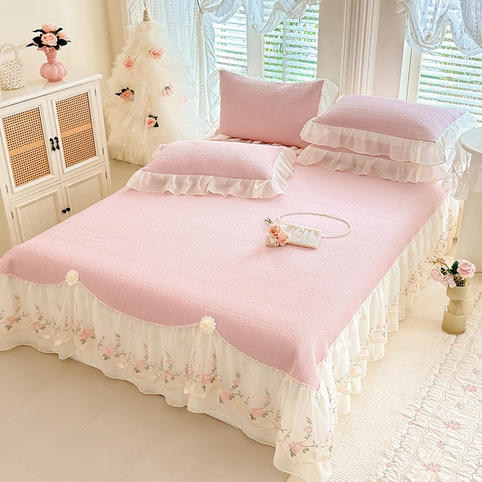 91家纺网 家纺一手货源 找家纺 苏米娜家纺SUMINA 2026新款PE高分子弯边工艺床裙款凉席三件套-可心 可心-粉黛