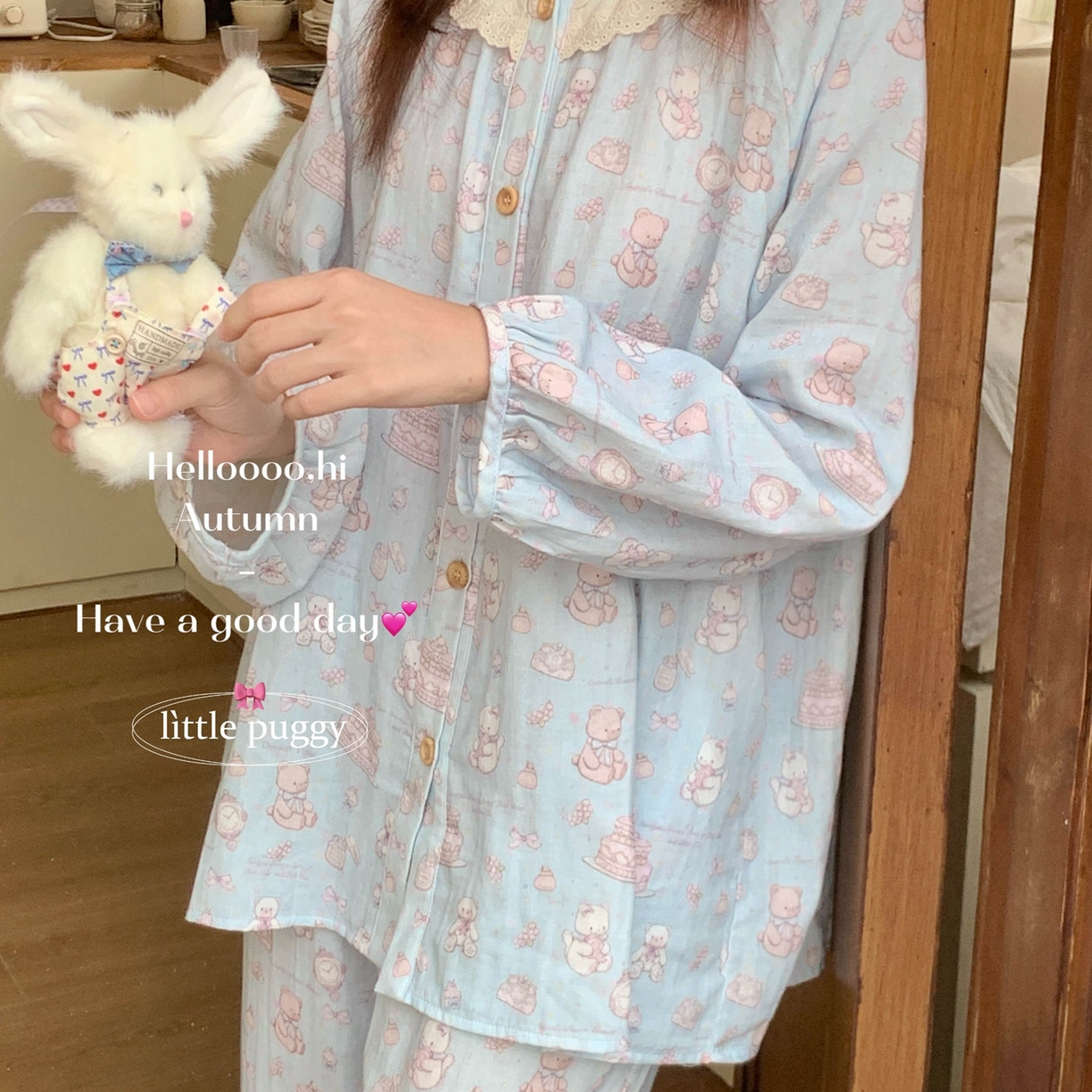 妍景家居生活馆 2026春夏新款双层纱蕾丝纱布开衫套装 蛋糕小熊