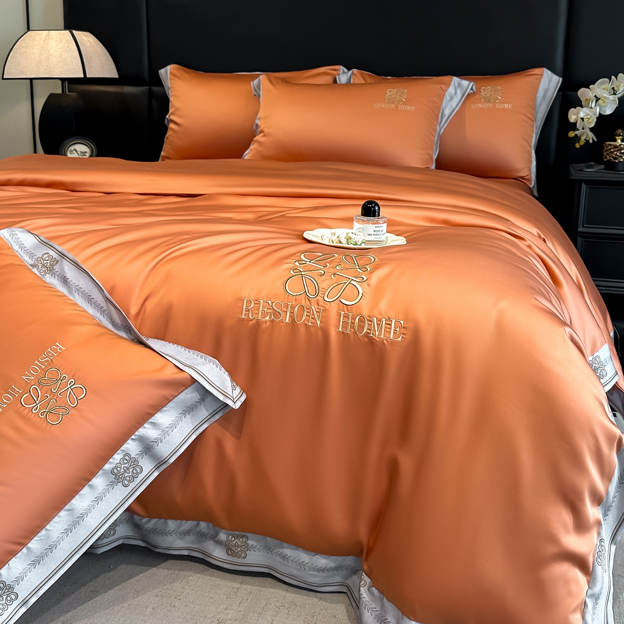 露梦家纺 2026新款A类水洗真丝轻奢刺绣拼接宽边四件套--贝拉系列 贝拉-玛仕橘