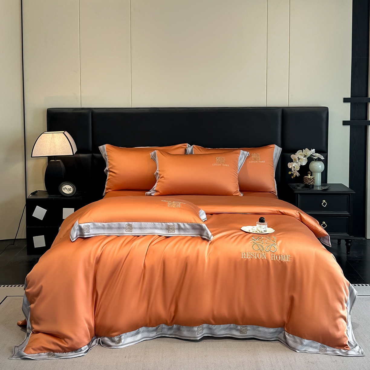 91家纺网 家纺一手货源 找家纺 露梦家纺 2026新款A类水洗真丝轻奢刺绣拼接宽边四件套--贝拉系列 贝拉-玛仕橘