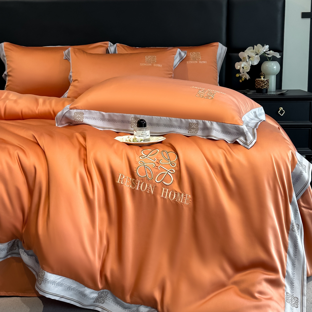 91家纺网 家纺一手货源 找家纺 露梦家纺 2026新款A类水洗真丝轻奢刺绣拼接宽边四件套--贝拉系列 贝拉-玛仕橘