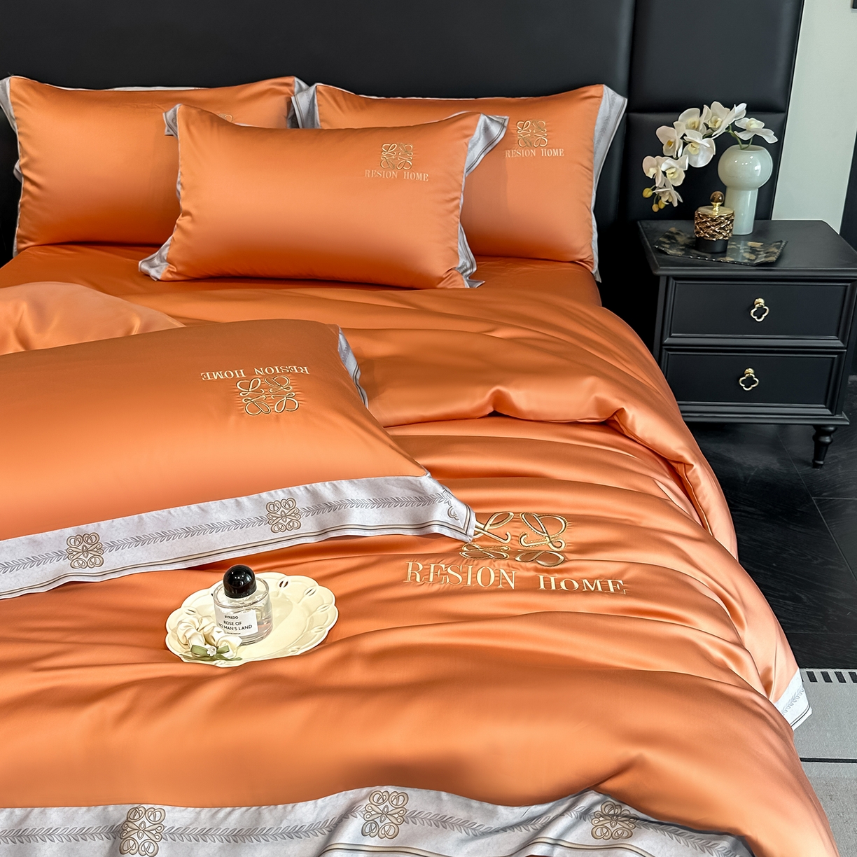 91家纺网 家纺一手货源 找家纺 露梦家纺 2026新款A类水洗真丝轻奢刺绣拼接宽边四件套--贝拉系列 贝拉-玛仕橘