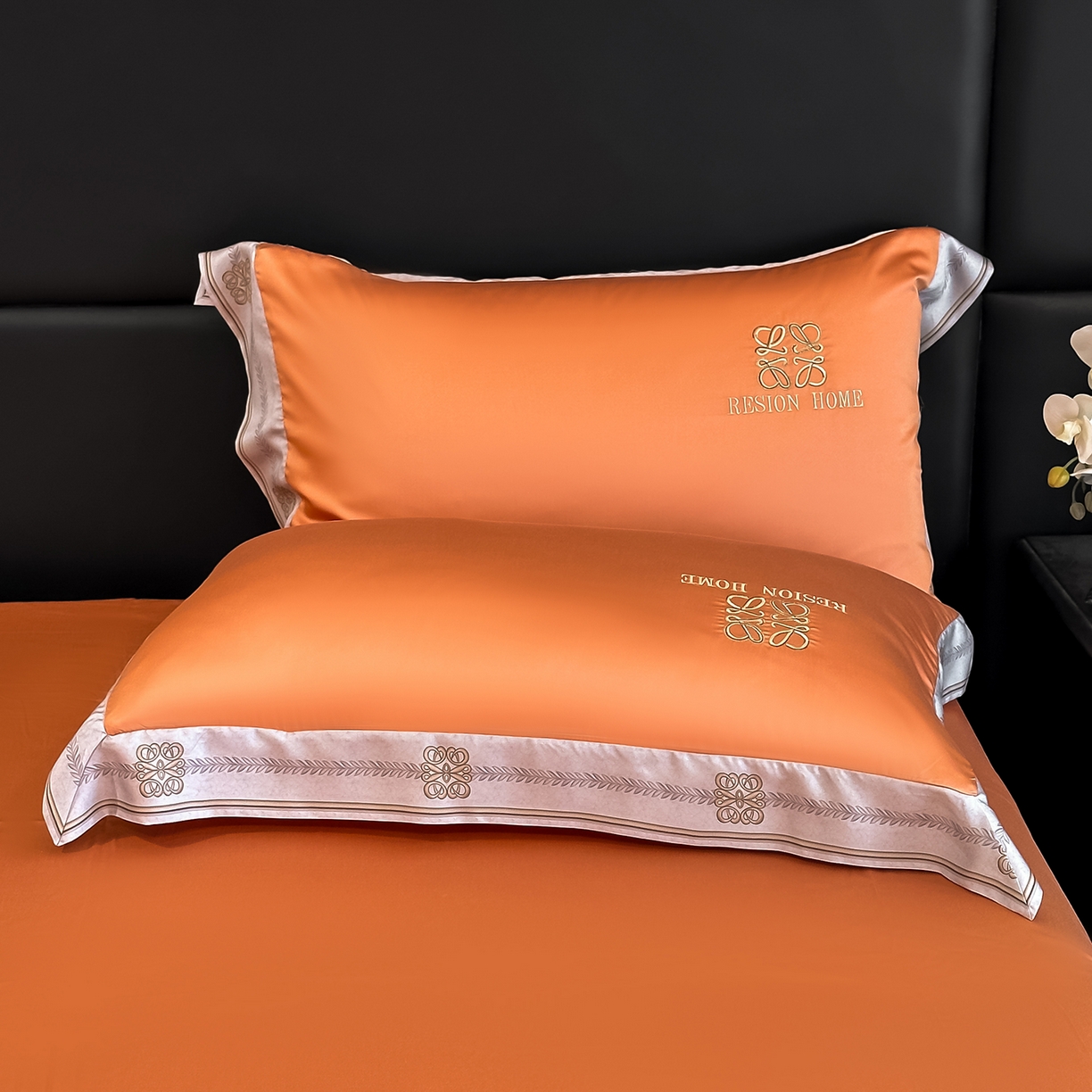 91家纺网 家纺一手货源 找家纺 露梦家纺 2026新款A类水洗真丝轻奢刺绣拼接宽边四件套--贝拉系列 贝拉-玛仕橘