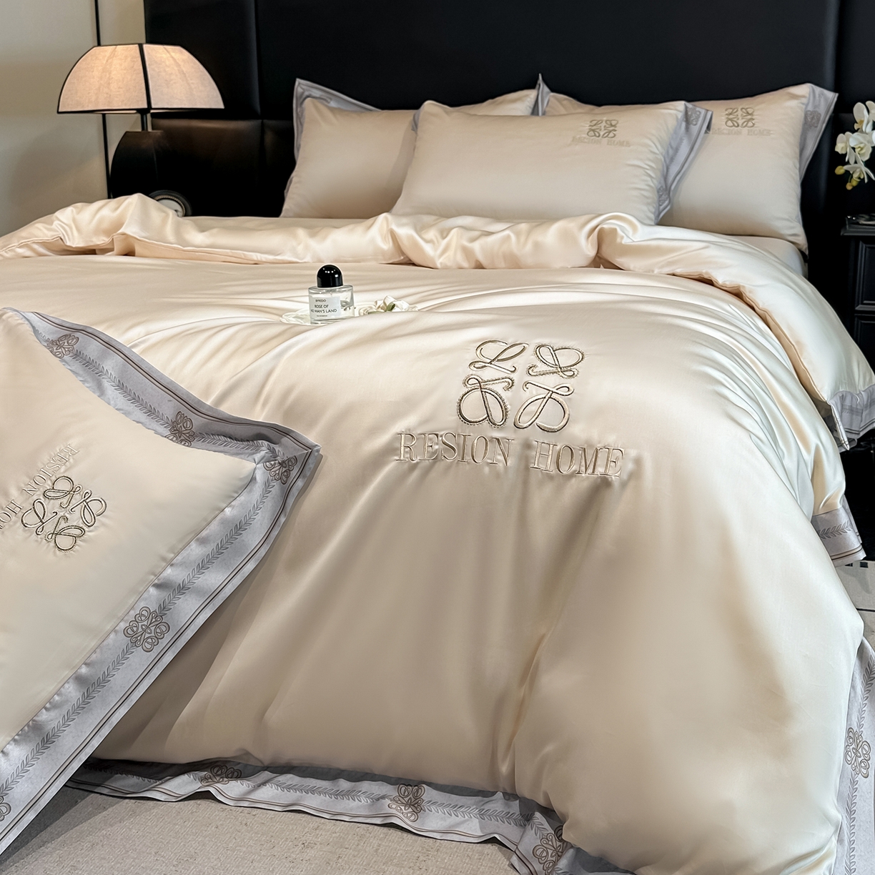 露梦家纺 2026新款A类水洗真丝轻奢刺绣拼接宽边四件套--贝拉系列 贝拉-浅香槟
