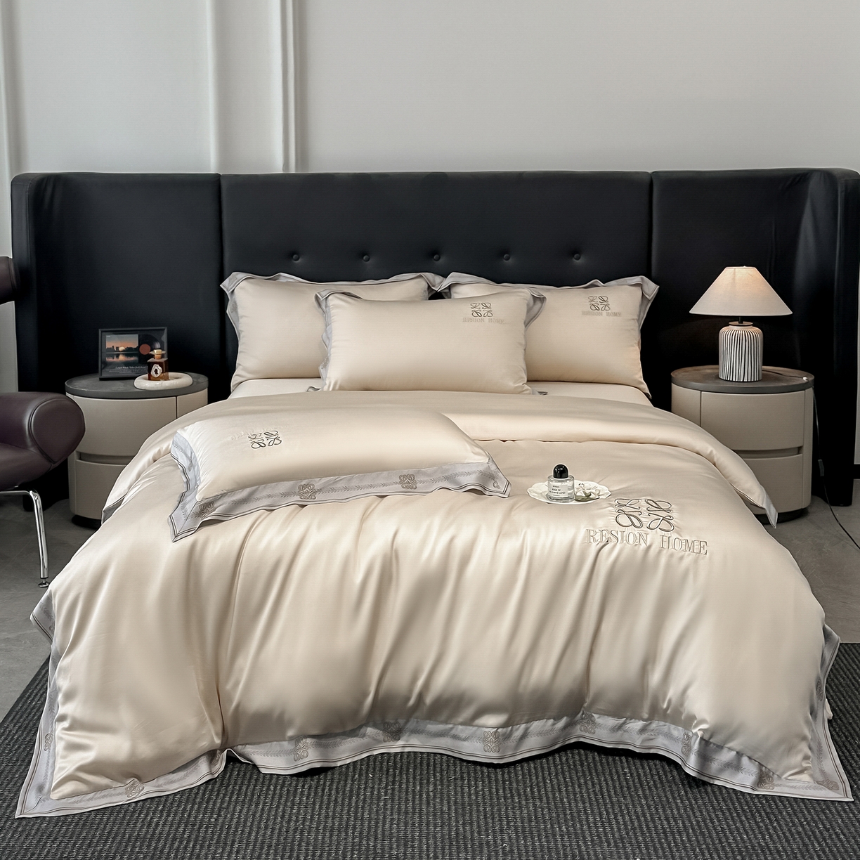 91家纺网 家纺一手货源 找家纺 露梦家纺 2026新款A类水洗真丝轻奢刺绣拼接宽边四件套--贝拉系列 贝拉-浅香槟