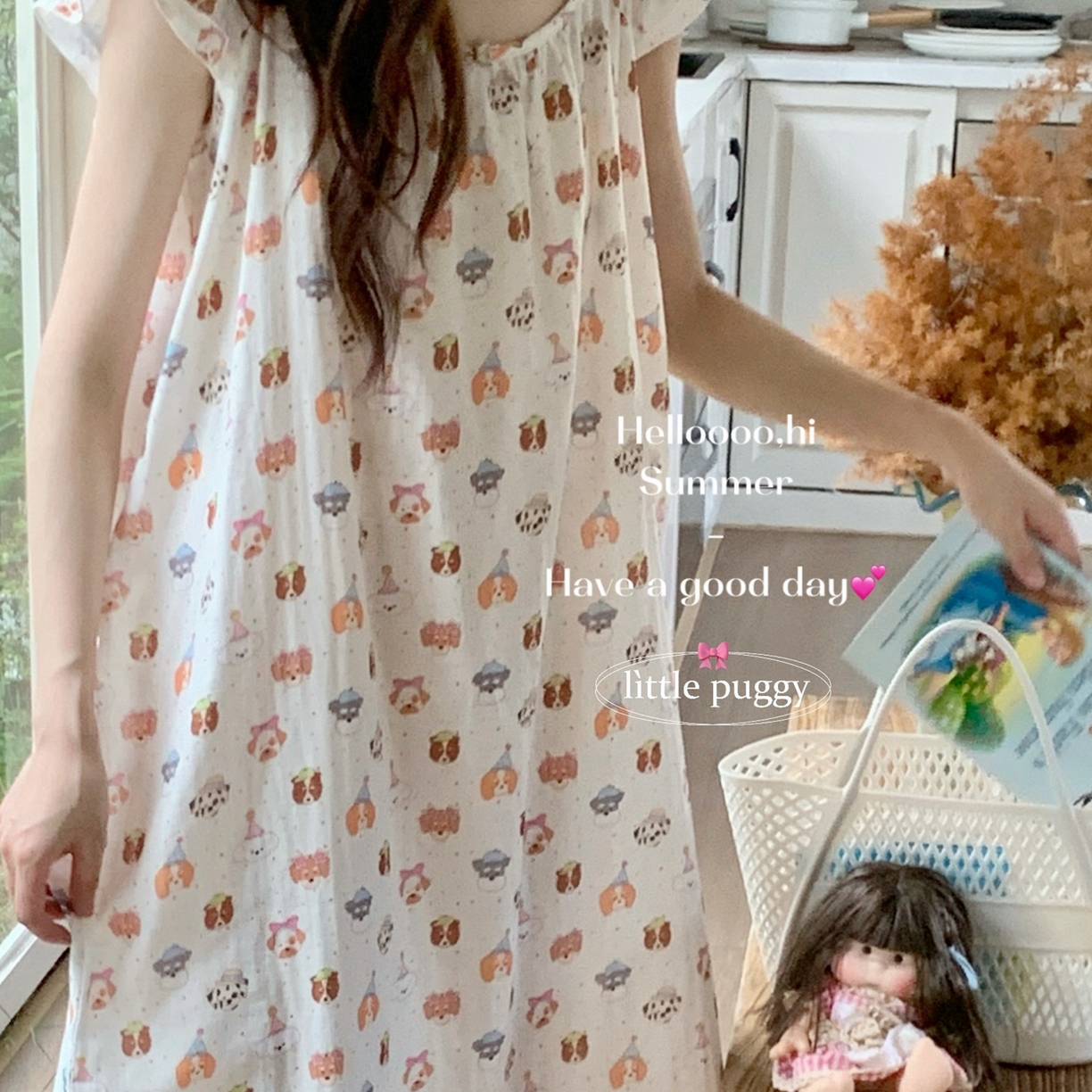 91家纺网 家纺一手货源 找家纺 妍景家居生活馆 2026新款双层纱小飞袖睡裙 彩色波点帽子