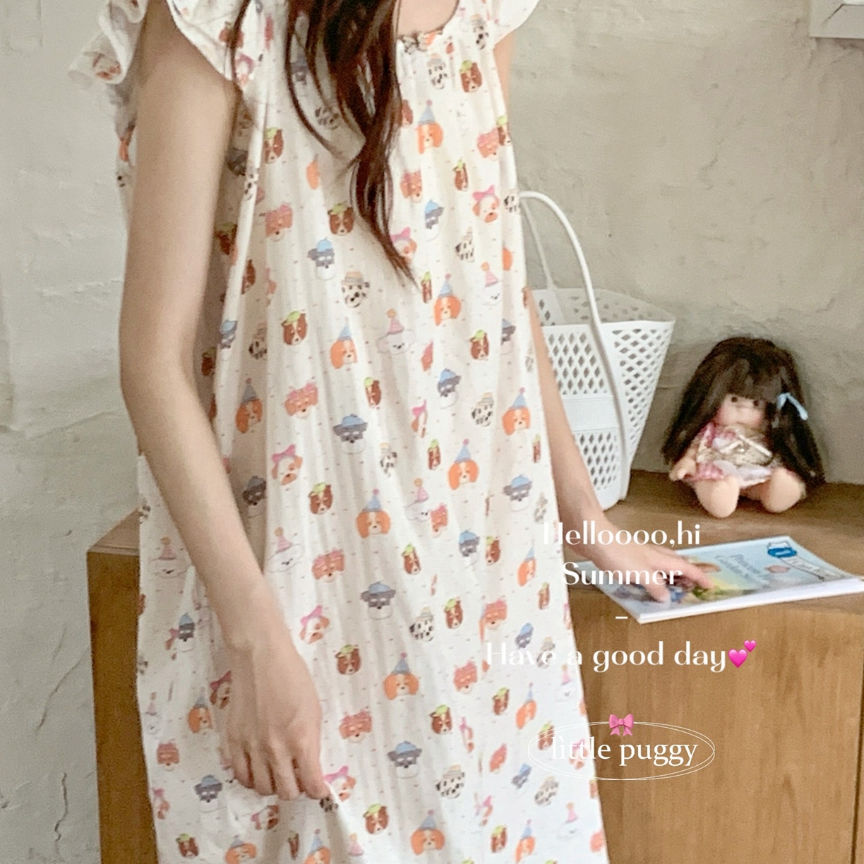 91家纺网 家纺一手货源 找家纺 妍景家居生活馆 2026新款双层纱小飞袖睡裙 彩色波点帽子