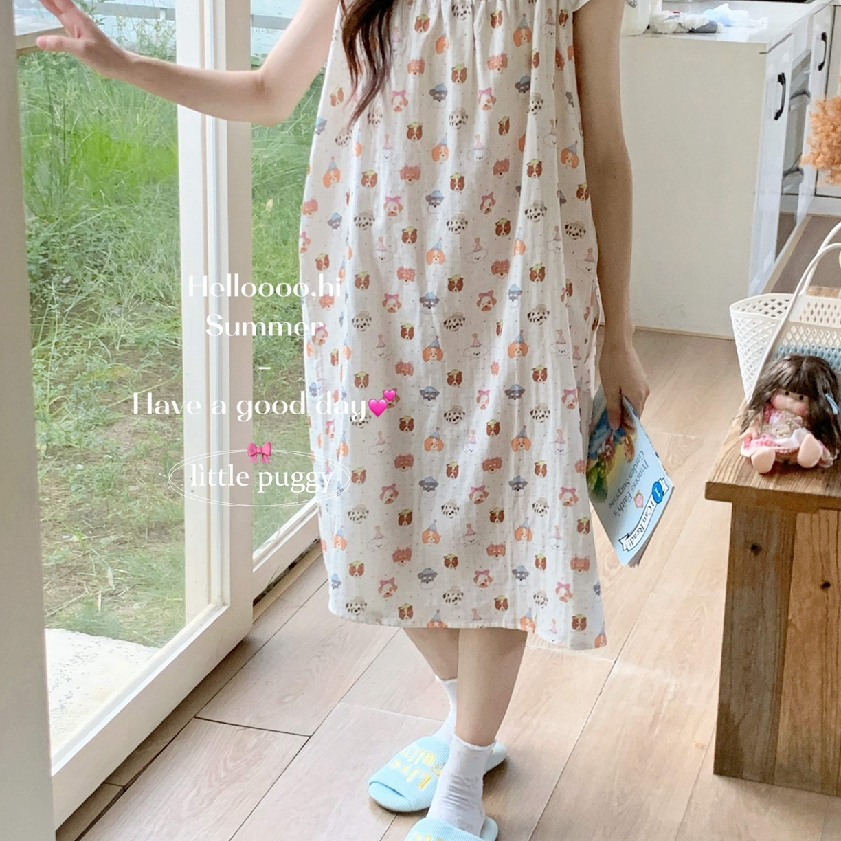 91家纺网 家纺一手货源 找家纺 妍景家居生活馆 2026新款双层纱小飞袖睡裙 彩色波点帽子