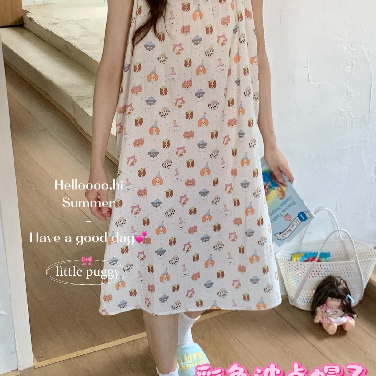 妍景家居生活馆 2026新款双层纱小飞袖睡裙 彩色波点帽子