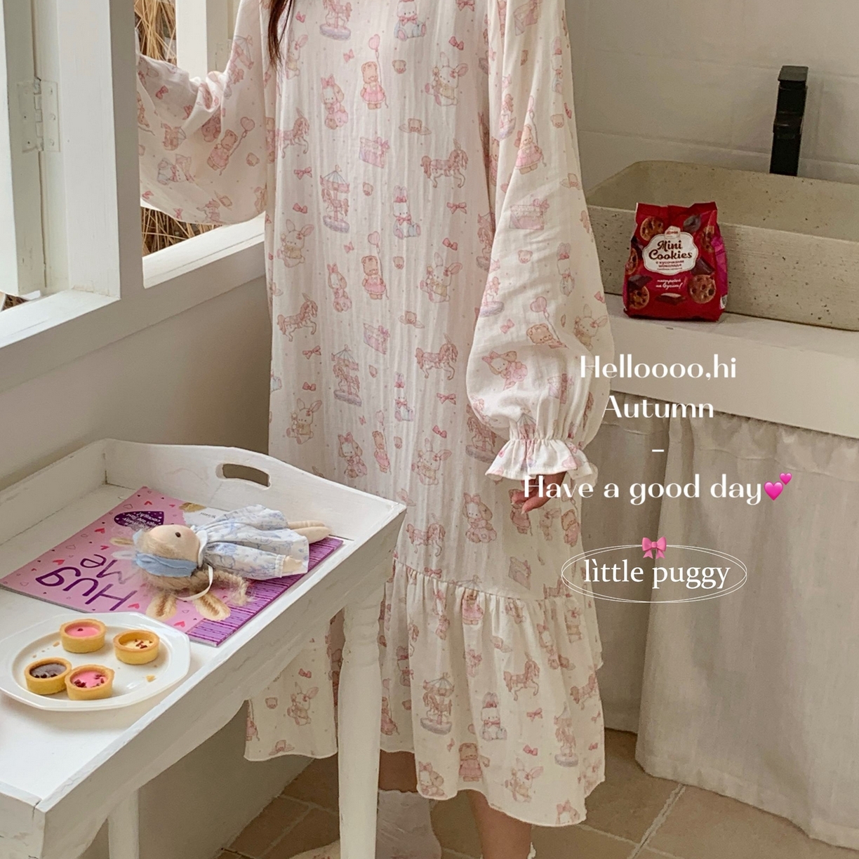 妍景家居生活馆 2026新款双层纱小熊游乐园睡裙 小熊游乐园-浅粉色