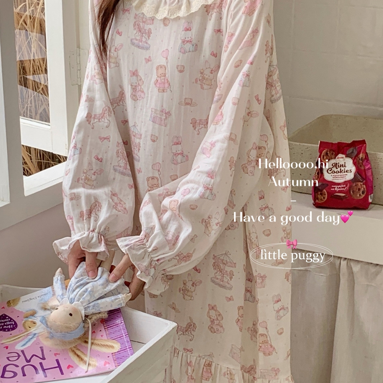 91家纺网 家纺一手货源 找家纺 妍景家居生活馆 2026新款双层纱小熊游乐园睡裙 小熊游乐园-浅粉色