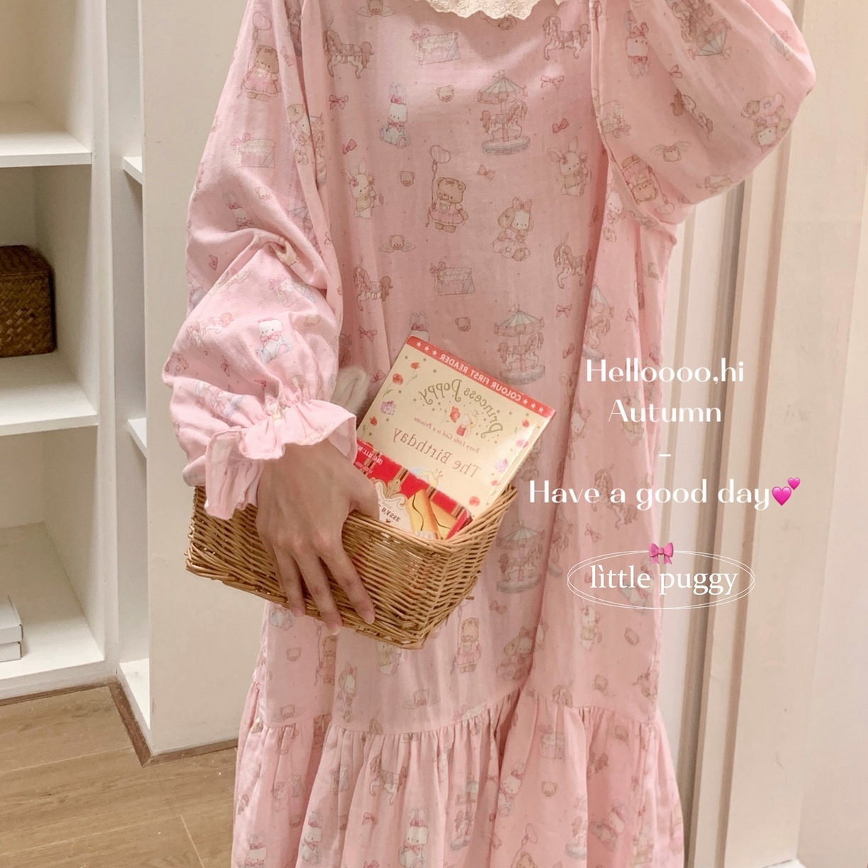 91家纺网 家纺一手货源 找家纺 妍景家居生活馆 2026新款双层纱小熊游乐园睡裙 小熊游乐园-深粉色