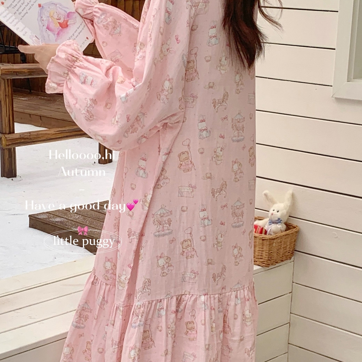 91家纺网 家纺一手货源 找家纺 妍景家居生活馆 2026新款双层纱小熊游乐园睡裙 小熊游乐园-深粉色
