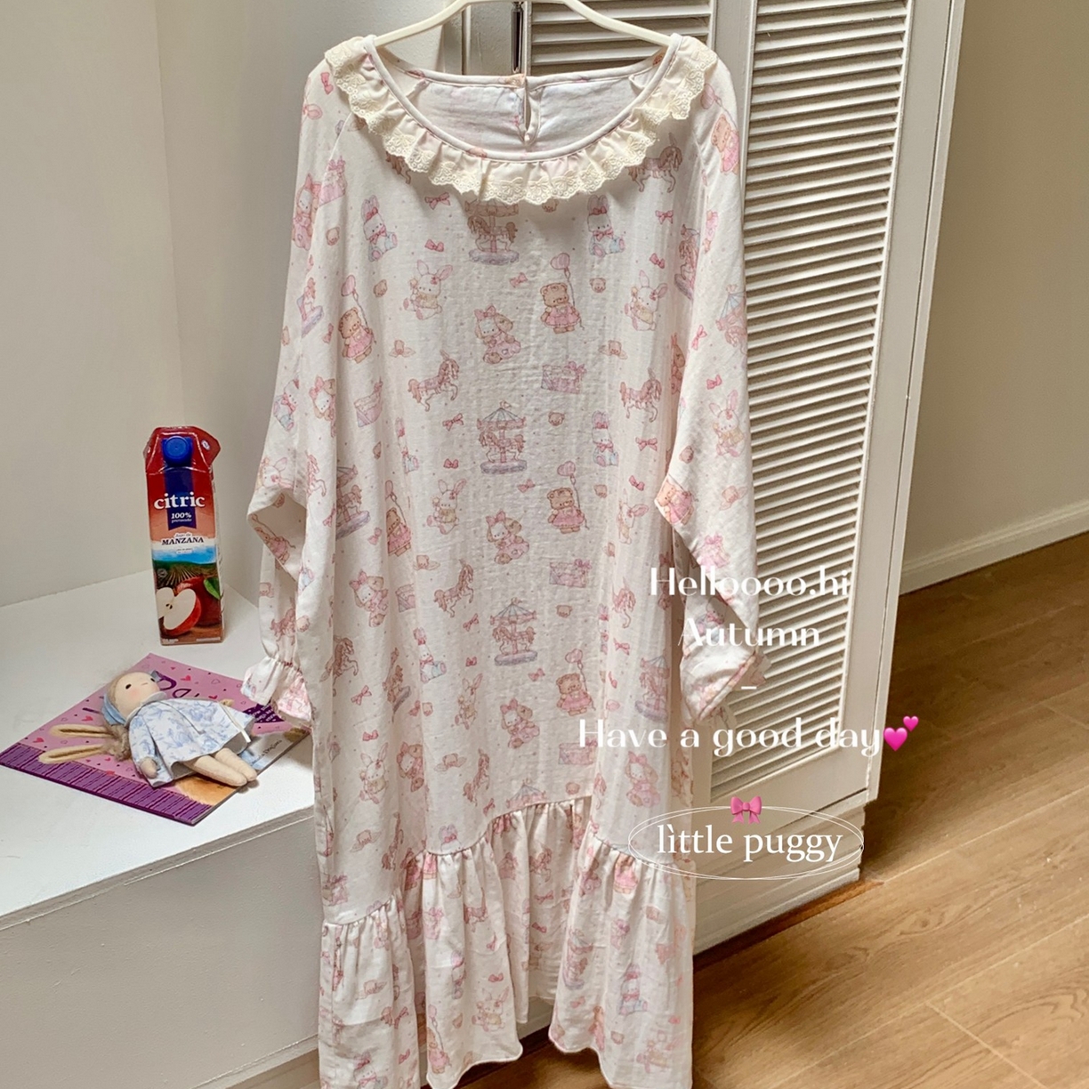 91家纺网 家纺一手货源 找家纺 妍景家居生活馆 2026新款双层纱小熊游乐园睡裙 小熊游乐园-浅粉色