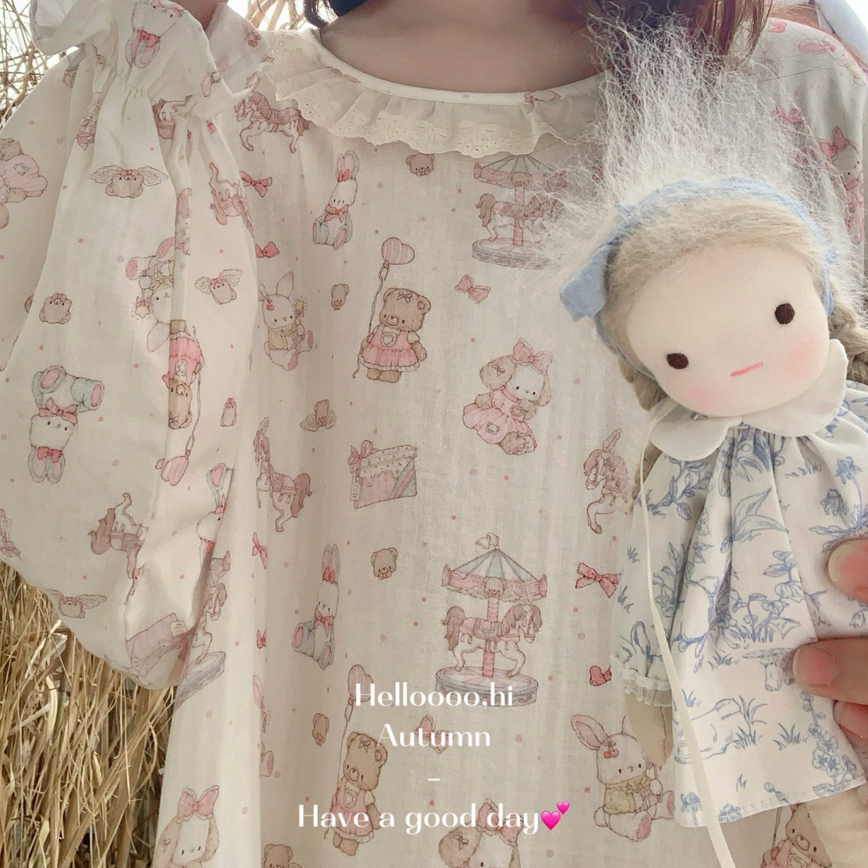 91家纺网 家纺一手货源 找家纺 妍景家居生活馆 2026新款双层纱小熊游乐园睡裙 小熊游乐园-浅粉色