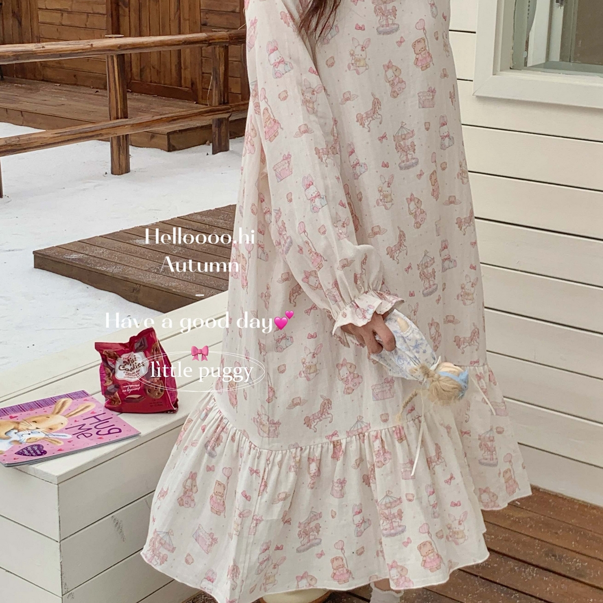 91家纺网 家纺一手货源 找家纺 妍景家居生活馆 2026新款双层纱小熊游乐园睡裙 小熊游乐园-浅粉色