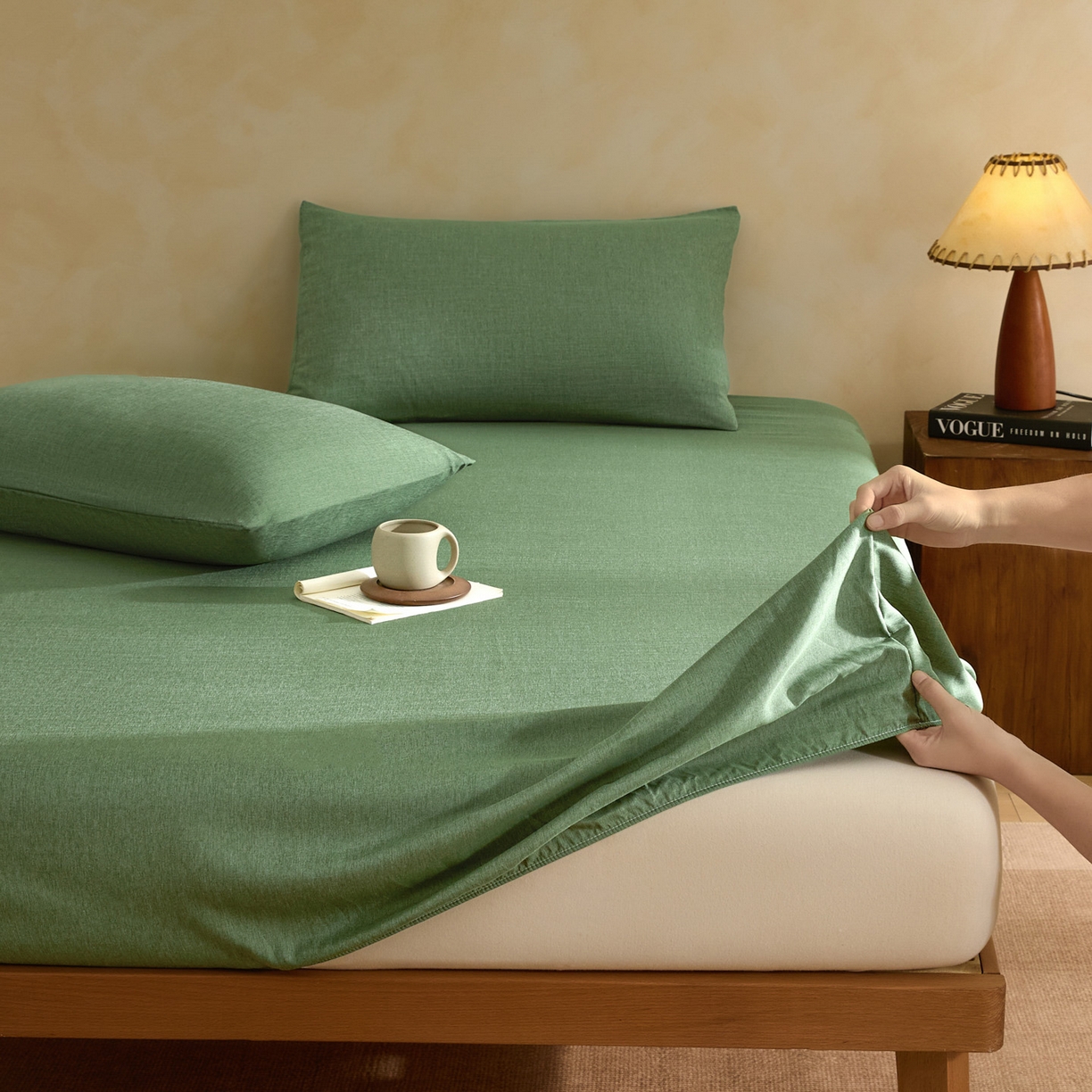 91家纺网 家纺一手货源 找家纺 梵克保罗 2026新品竹纤维床笠凉感纹理感  30%竹纤维 70%超细纤维 竹纤维-绿色