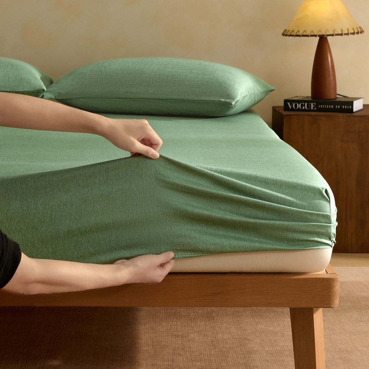 91家纺网 家纺一手货源 找家纺 梵克保罗 2026新品竹纤维床笠凉感纹理感  30%竹纤维 70%超细纤维 竹纤维-绿色