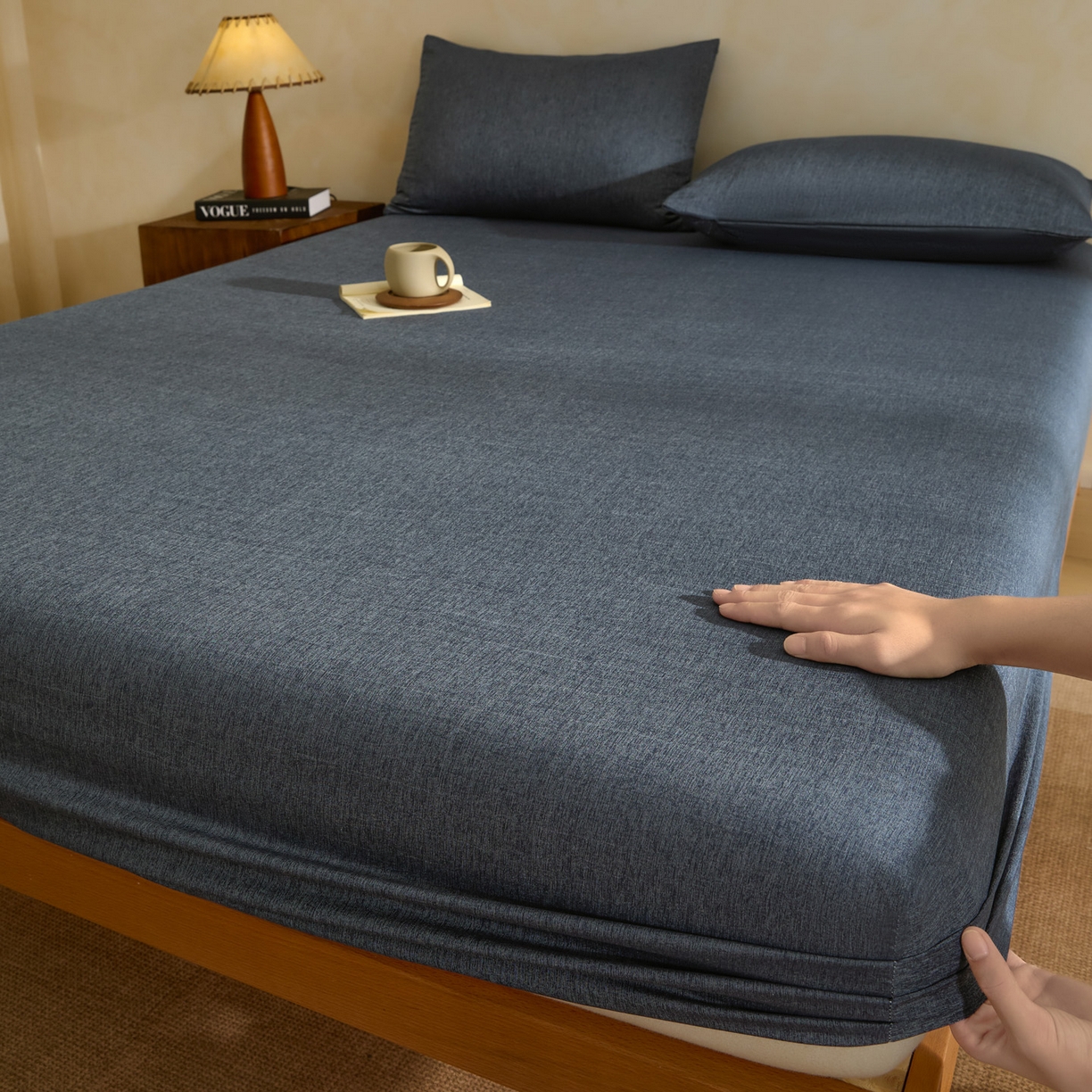 梵克保罗 2026新品竹纤维床笠凉感纹理感  30%竹纤维 70%超细纤维 竹纤维-深蓝