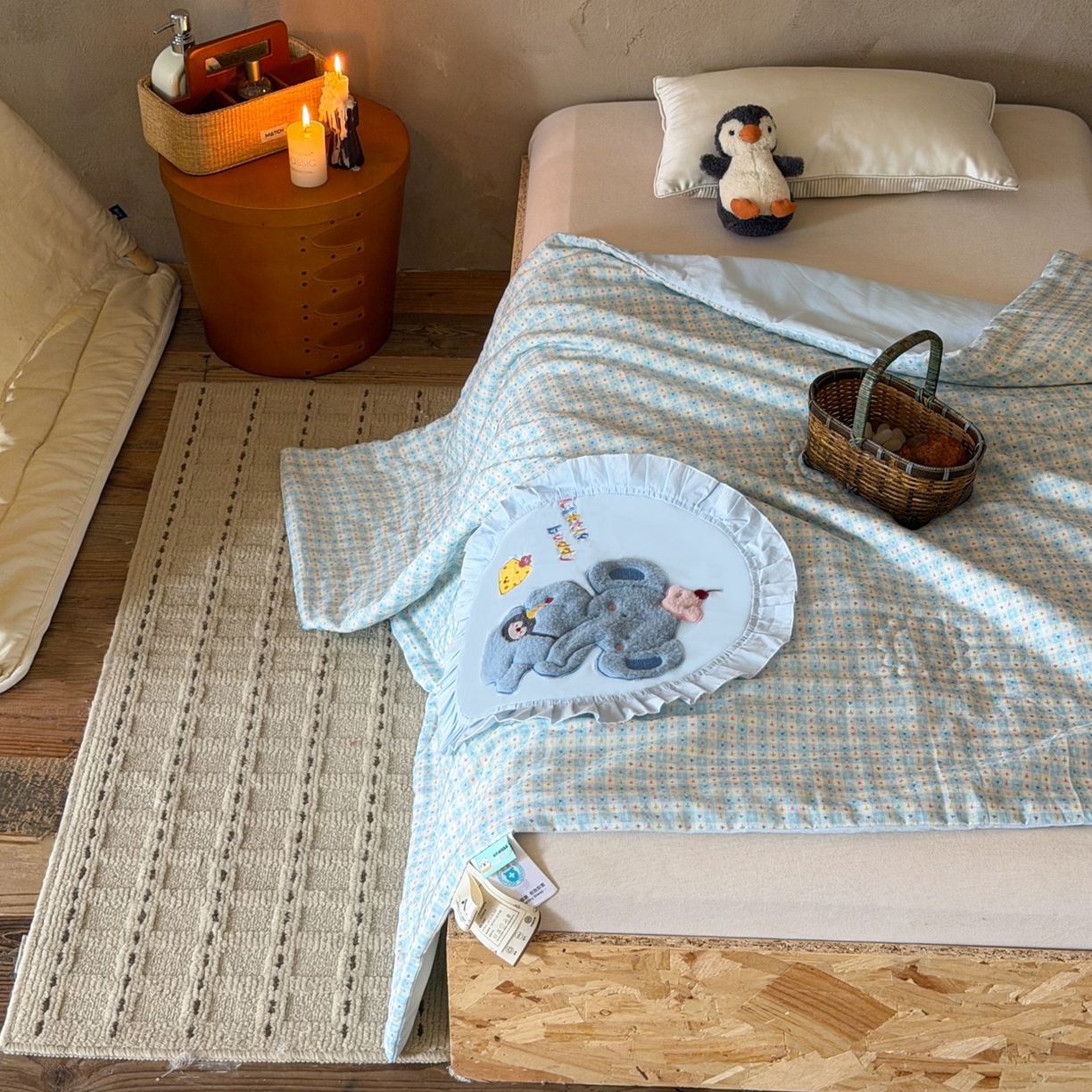 91家纺网 家纺一手货源 找家纺 喜多兔儿童家纺 2026新款A类全棉双层纱贴布绣夏被夏凉被空调被 蓝色艾斯小象宝