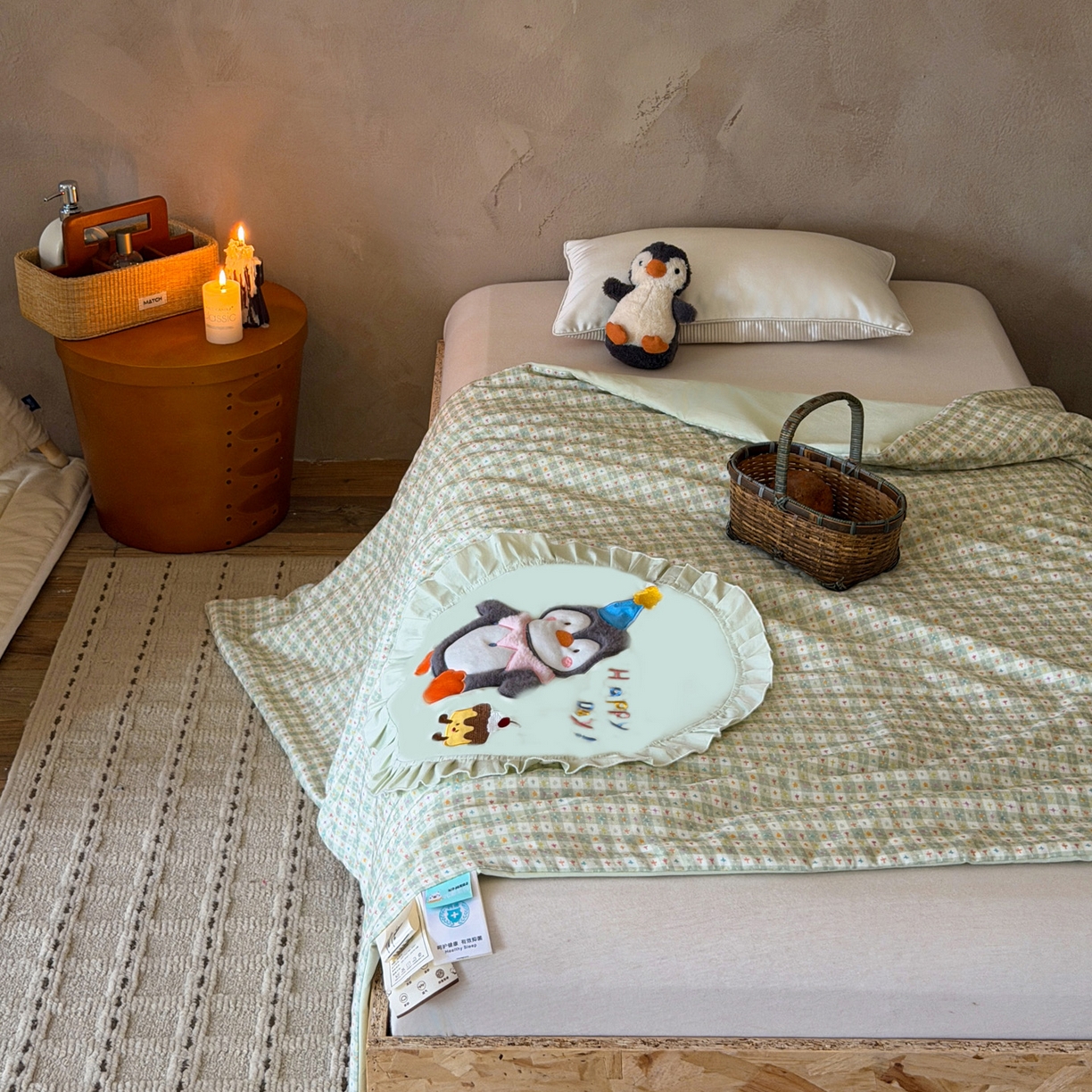 91家纺网 家纺一手货源 找家纺 喜多兔儿童家纺 2026新款A类全棉双层纱贴布绣夏被夏凉被空调被 绿色桑迪小企鹅