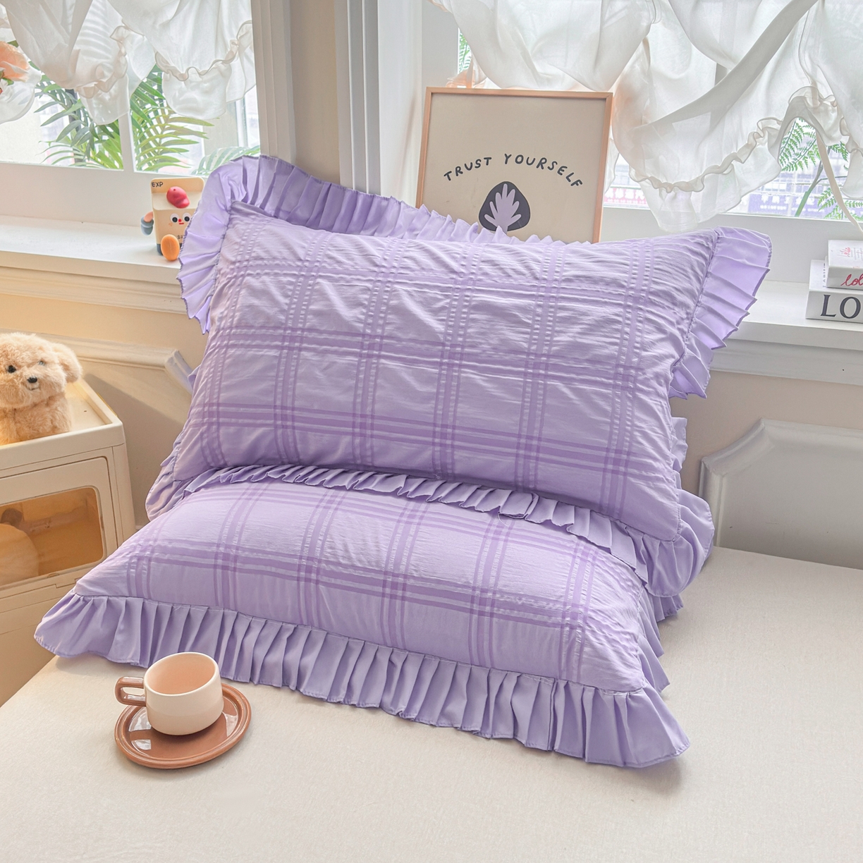 91家纺网 家纺一手货源 找家纺 梵克保罗 2026新款公主风小清新泡泡纱花边枕套 紫色