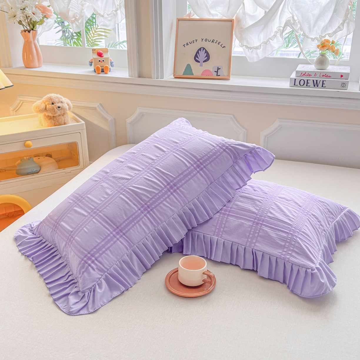 91家纺网 家纺一手货源 找家纺 梵克保罗 2026新款公主风小清新泡泡纱花边枕套 紫色