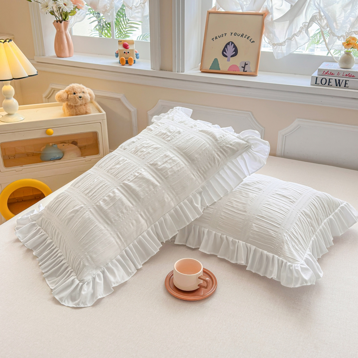 91家纺网 家纺一手货源 找家纺 梵克保罗 2026新款公主风小清新泡泡纱花边枕套 白色