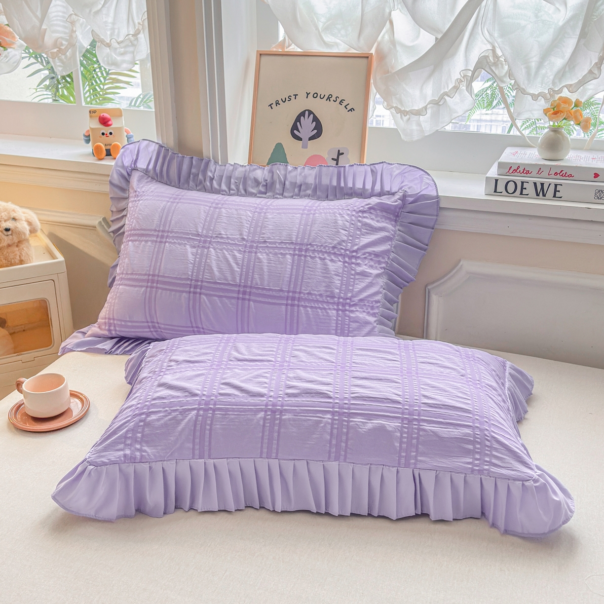 91家纺网 家纺一手货源 找家纺 梵克保罗 2026新款公主风小清新泡泡纱花边枕套 紫色