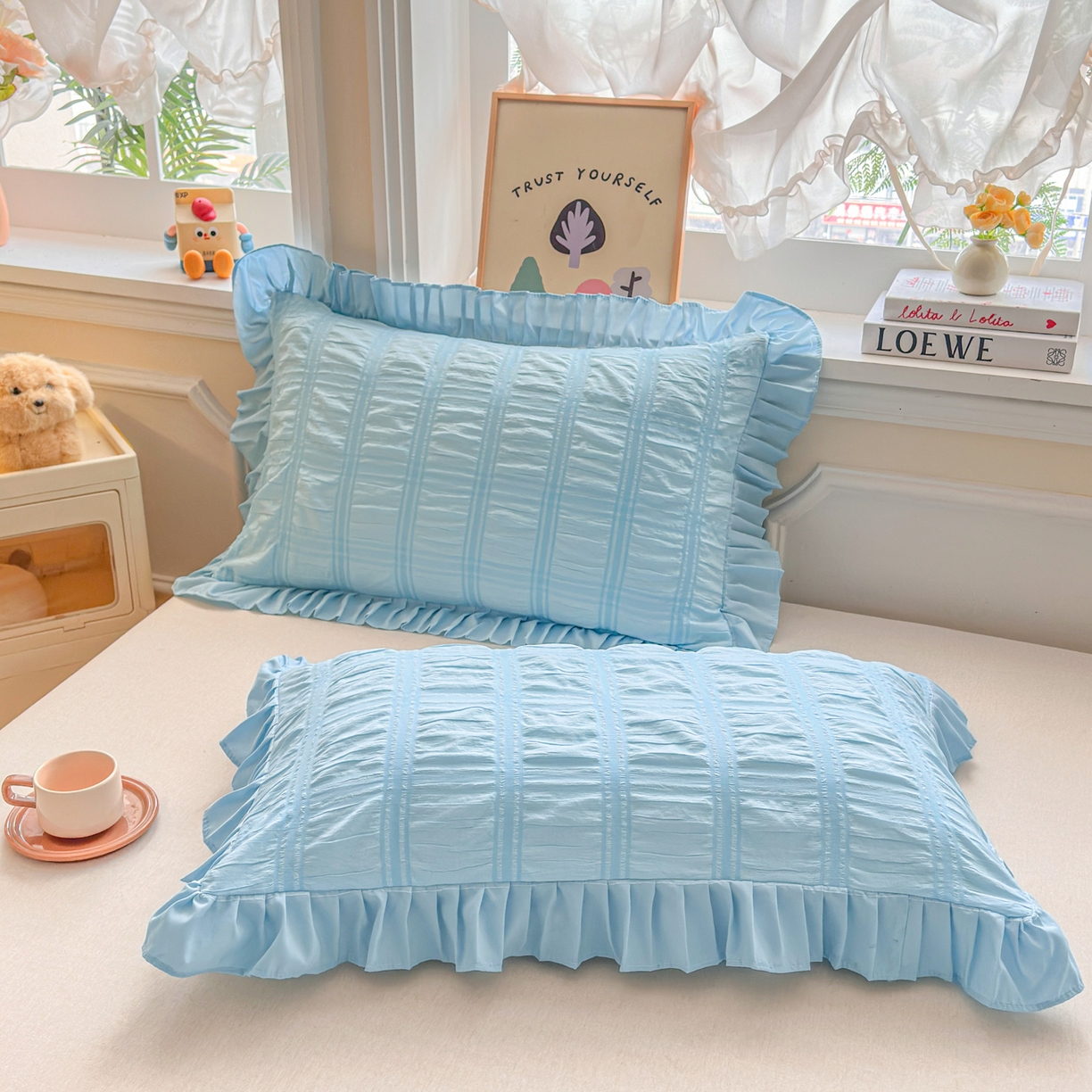 91家纺网 家纺一手货源 找家纺 梵克保罗 2026新款公主风小清新泡泡纱花边枕套 蓝色