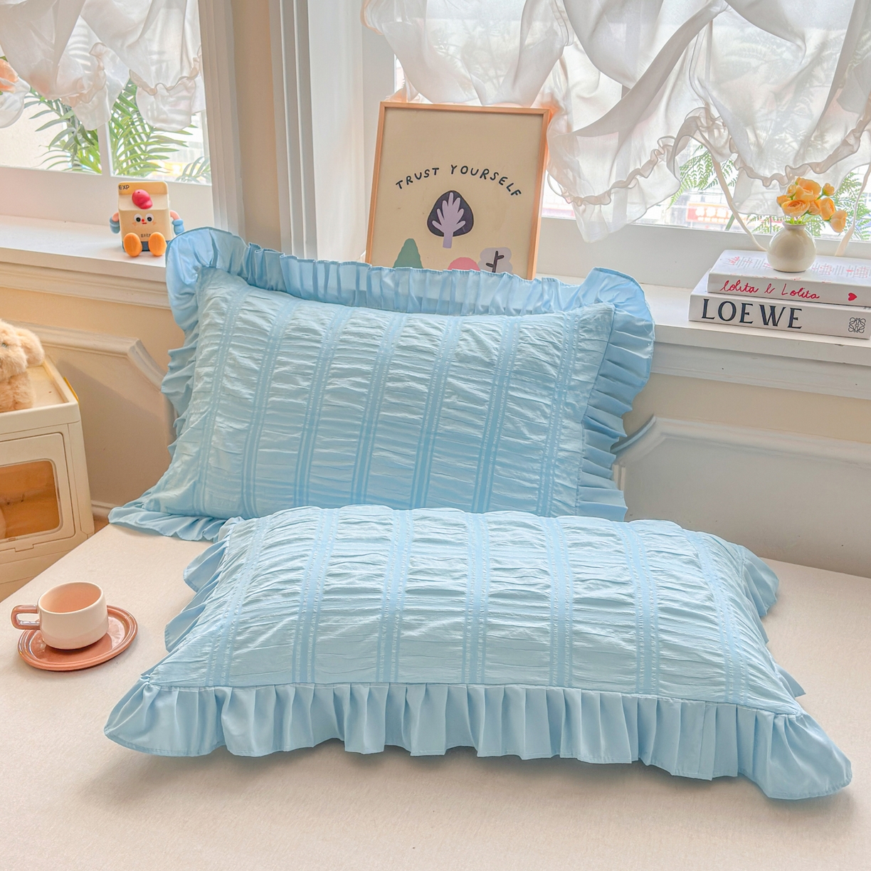 91家纺网 家纺一手货源 找家纺 梵克保罗 2026新款公主风小清新泡泡纱花边枕套 蓝色