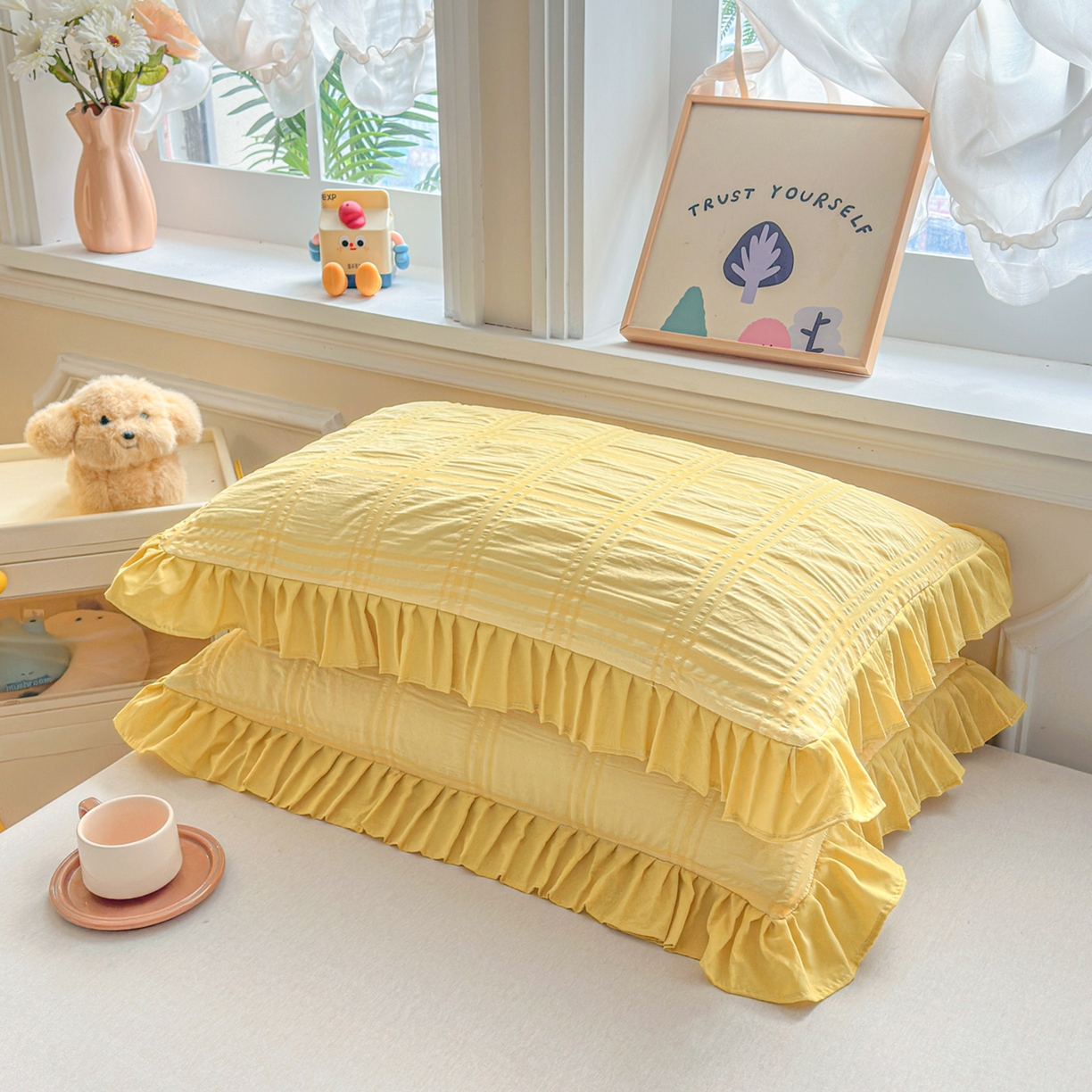 91家纺网 家纺一手货源 找家纺 梵克保罗 2026新款公主风小清新泡泡纱花边枕套 黄色