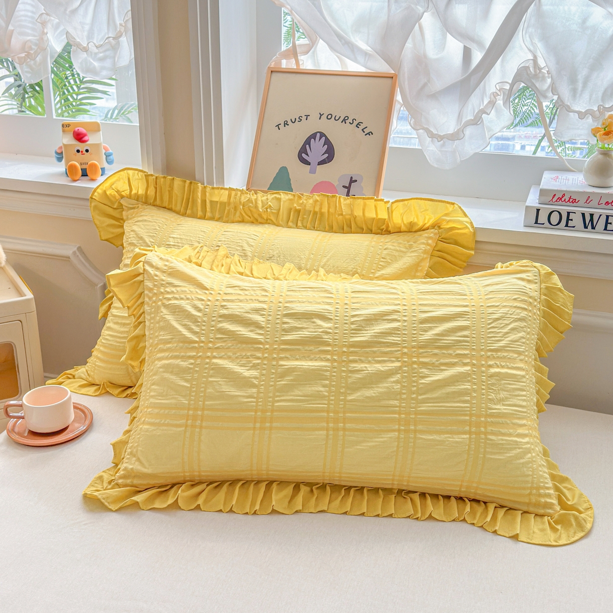 91家纺网 家纺一手货源 找家纺 梵克保罗 2026新款公主风小清新泡泡纱花边枕套 黄色