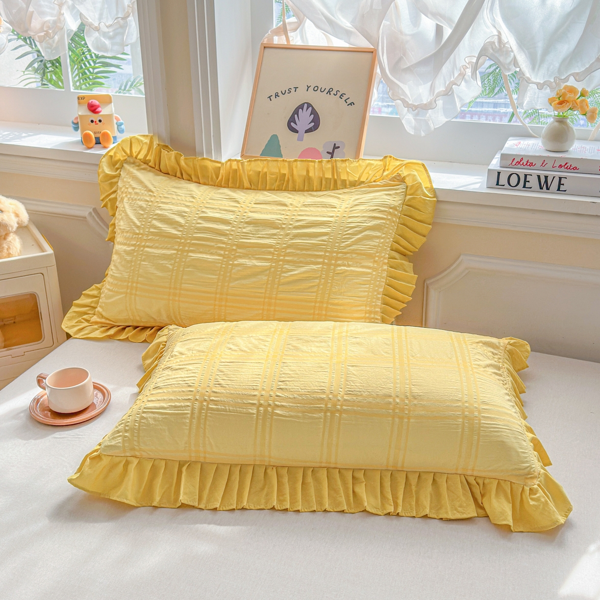 91家纺网 家纺一手货源 找家纺 梵克保罗 2026新款公主风小清新泡泡纱花边枕套 黄色